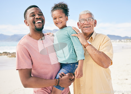 Image of Grandfather, dad and girl, portrait on beach holiday in South Africa with love and fun together. Travel, happy black family and smile on face while bonding on summer vacation for African men and kid.