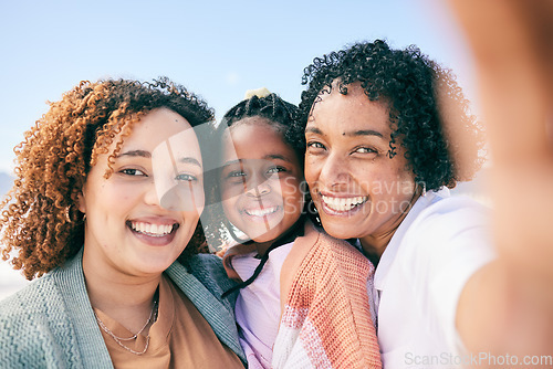 Image of Selfie smile, beach portrait or black family on holiday for peace, freedom or outdoor quality time together. Memory photo, sunshine or happy Nigeria children, grandmother and mother smile on vacation