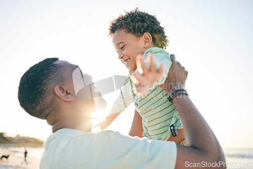 Image of Happy dad, child and beach summer fun with a father and boy together with parent care and bonding. Outdoor, sea and holiday of a black family on vacation in nature with happiness while playing