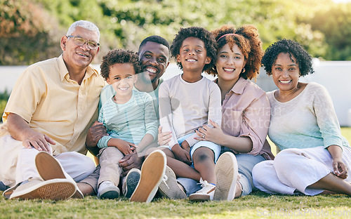 Image of Portrait of grandparents, parents and children in garden enjoy holiday, summer vacation and weekend. Black family, happy and mother, father and kids smile for quality time, relax and bonding outdoors