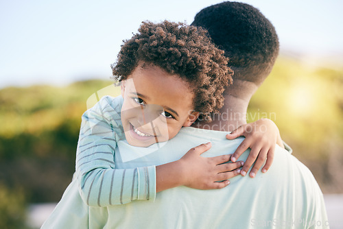 Image of Hug, happy and portrait of a father with a child in nature for love, support and bonding in Jamaica. Smile, care and little boy hugging his dad, holding and together for quality time outdoors