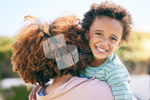 Image of Family, woman hug kid with happiness together outdoor, face with love, support and trust. Mother, young child and happy people, portrait and care with bonding, relationship and peace with smile