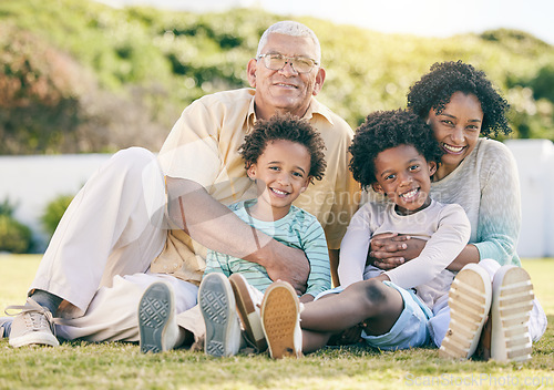 Image of Smile, garden and portrait of children with grandparents enjoy holiday, summer vacation and weekend. Black family, happy and grandpa, grandmother and kids on grass for quality time, relax and bonding