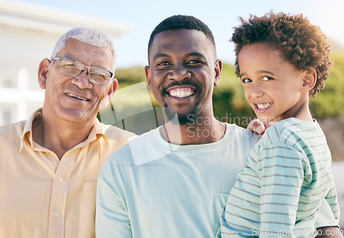 Image of Portrait, black family with a man, boy and grandfather bonding outdoor in the garden together for love. Happy, kids or generations with a father, son and senior relative standing outside in the yard