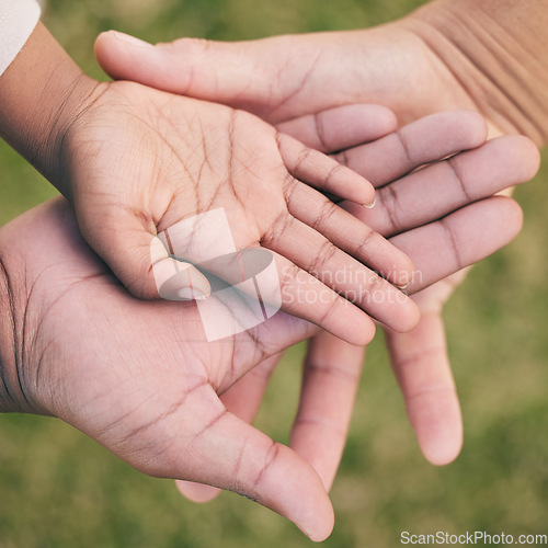 Image of Hands palm close up, kid and parents for family, love or support in summer on vacation at park. Helping hand, solidarity and together with help, care or outdoor for quality time, bonding and stack