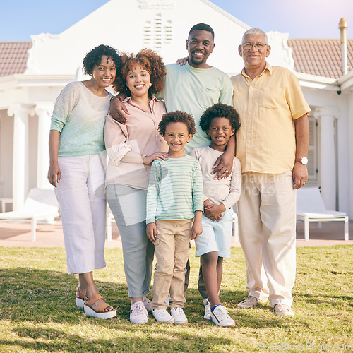 Image of Real estate, property and portrait against family house, happy and excited for new home or relocation. Face, smile and children with parents and grandparents together for moving, dream and relocating