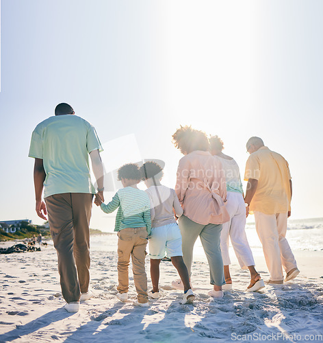 Image of Rear view, holding hands and family at a beach for travel, vacation and holiday on summer mockup. Behind, walking and trip with children, parents and grandparents bond while traveling in Miami