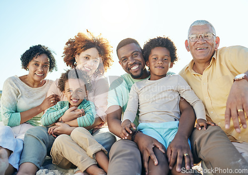 Image of Smile, parents and portrait of children with grandparents enjoy holiday, summer vacation and weekend. Black family, travel and happy mom, dad and kids at beach for quality time, relax and bonding