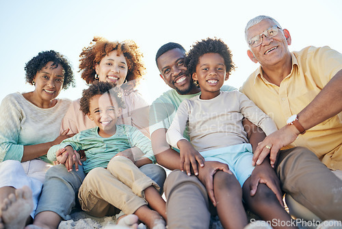 Image of Parents, beach and portrait of children with grandparents enjoy holiday, summer vacation and weekend. Black family, happy and mom, dad and kids excited for quality time, relax and bonding on sand