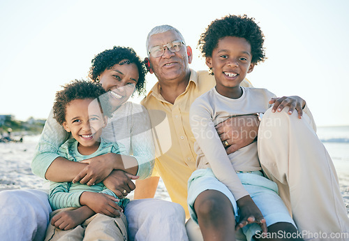 Image of Smile, beach and portrait of children with grandparents enjoy holiday, summer vacation and weekend. Family, happy and grandpa, grandmother and kids excited for quality time, relax and bonding