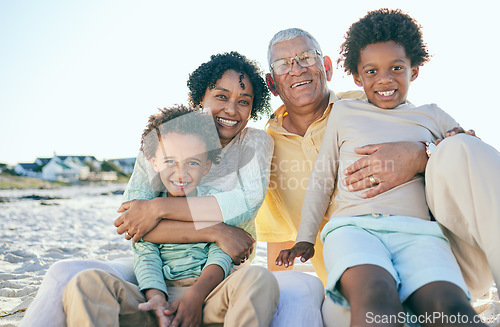 Image of Smile, grandparents and portrait of children at beach enjoy holiday, summer vacation and weekend. Family, love and happy grandpa, grandmother and kids hug for quality time, relax and bonding