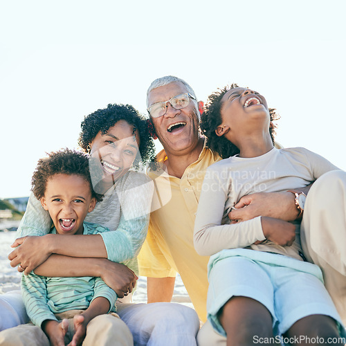 Image of Laugh, beach and children with happy grandparents enjoy bonding, quality time and relax together. Family, smile and grandpa, grandma and kids laughing at joke on holiday, vacation and weekend