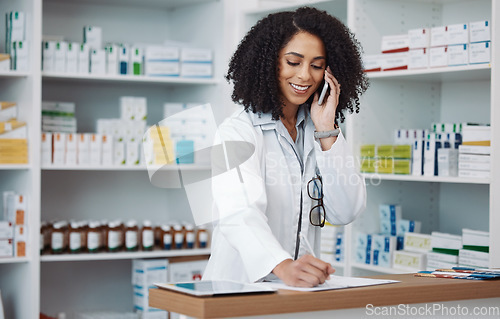 Image of Phone call, counter and pharmacist woman for medicine note, customer service or virtual healthcare support. Happy, friendly doctor, medical retail person in pharmacy talking on cellphone at help desk