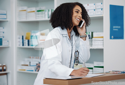 Image of Phone call, counter and pharmacy woman for medicine, customer service or virtual healthcare support. Happy, friendly and expert doctor, medical person or pharmacist talking on cellphone at help desk