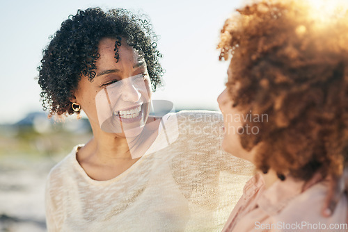 Image of Family, mom and adult daughter hug with smile and happiness outdoor, travel and adventure on vacation. People at beach, happy women and love, care and support, relationship and freedom in the sun