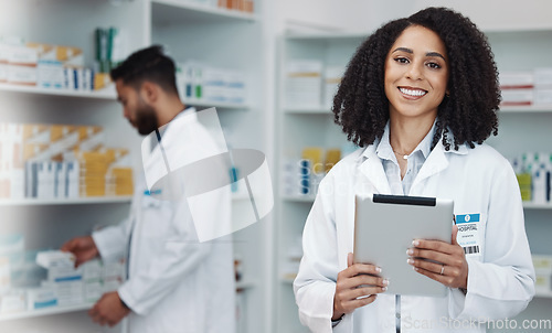Image of Smile, tablet and portrait of woman pharmacist with online checklist and happy to help with advice. Confidence, medicine and medical professional and healthcare consultant in wellness pharmacy.
