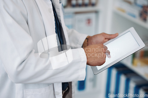 Image of Doctor, tablet and hands on mockup screen for medical research, data or inventory check at pharmacy. Hand of healthcare expert working on touchscreen display or checking stock, medicine or Telehealth