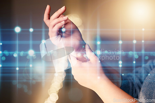 Image of Woman, wrist joint pain and hands with carpal tunnel, holographic medical overlay and stress injury in night. Futuristic, healthcare check and 3d hologram with hand, massage and self care in clinic