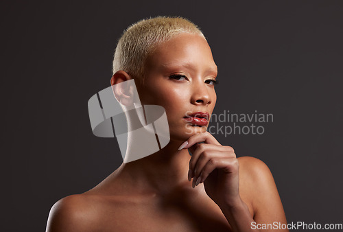 Image of Beauty, makeup and skincare, portrait of black woman in dark studio with platinum hair isolated on grey background. Art aesthetic, cosmetics and beautiful African model in skin glow and luxury facial