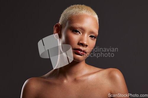 Image of Beauty, makeup and dark portrait of black woman in studio with platinum hair isolated on grey background. Art aesthetic, cosmetics and beautiful face of African model with luxury spa facial skincare.