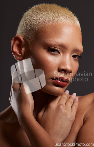 Image of Portrait of black woman, dark studio and makeup, platinum hair and beauty isolated on grey background. Skincare, art aesthetic and cosmetics, beautiful African model in skin glow and edgy spa facial.