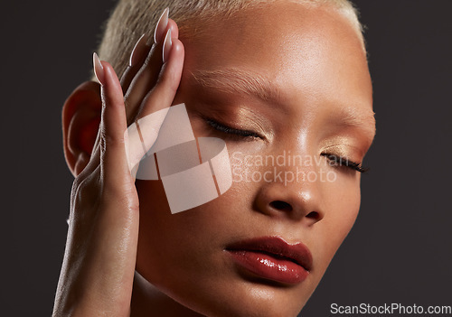 Image of Beauty, makeup and lipstick, face of black woman in dark studio with platinum hair isolated on grey background. Art aesthetic, cosmetics and beautiful African model in skin glow and luxury spa facial