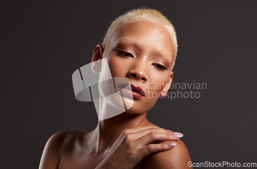 Image of Beauty, makeup and cosmetics, face of black woman in dark studio with platinum hair isolated on grey background. Art aesthetic, skincare and beautiful African model in skin glow and luxury spa facial