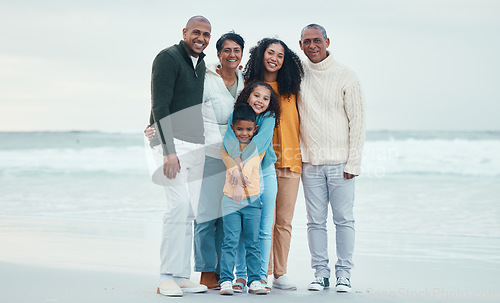 Image of Portrait of grandparents, parents and children on beach enjoy holiday, travel vacation and weekend together. Happiness, nature and happy family smile for bonding, quality time and relaxing by sea