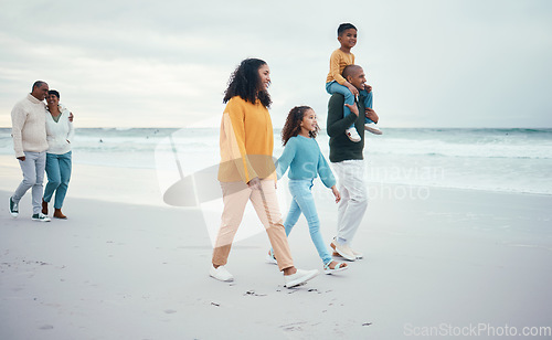 Image of Grandparents, parents and children walking on beach enjoying holiday, travel vacation and weekend together. Big family, smile and happy people holding hands for bonding, quality time and relax by sea