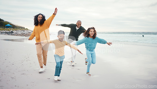 Image of Airplane, parents and children play on beach enjoying holiday, travel vacation and weekend together. Happy family, nature and mother, father and kids running for bonding, quality time and love by sea