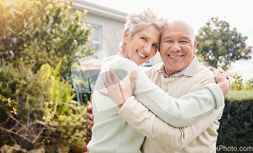 Image of Happy, love and hug with portrait of old couple for bonding, support and retirement. Smile, affectionate and embrace with senior man and woman in backyard of home for proud, confidence and marriage