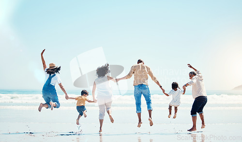 Image of Grandparents, parents and child jump at beach for bonding, quality time and adventure together. Travel, freedom and happy big family with kids enjoy summer holiday, vacation and relax on weekend
