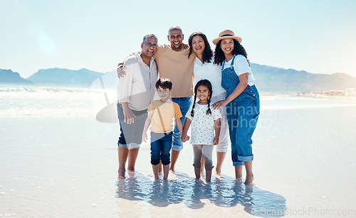 Image of Portrait, beach and black family with mockup outdoor in nature together on vacation during summer. Happy, smile or love with children, parents and grandparents bonding on the coast for a holiday