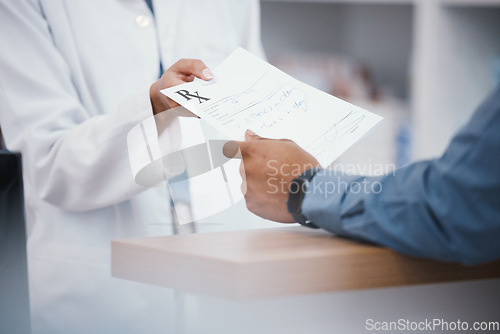 Image of Pharmacy, prescription and hands of pharmacist with paper for patient pills, medical products and medicine. Healthcare, hospital and customer giving woman script for antibiotics, drugs and medication