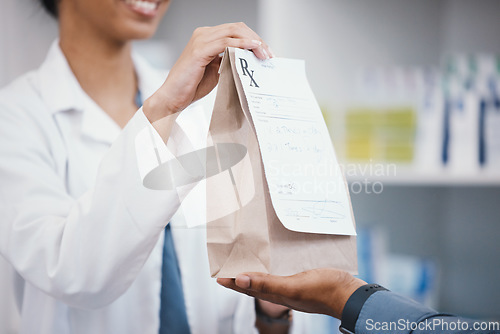 Image of Pharmacy, product and pharmacist giving customer bag for pills prescription, medical supplements and medicine. Healthcare, dispensary and woman help man with medicare package, drugs and medication