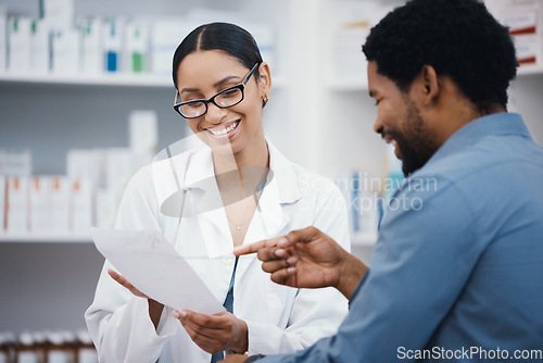 Image of Pharmacy, customer prescription and pharmacist smile reading form for pills, medical supplements and medicine. Healthcare service, hospital and woman help man for medicare script, drugs or medication