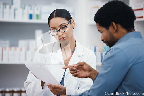 Image of Pharmacy, reading prescription and pharmacist with customer for pills, medical supplements and medicine. Healthcare, hospital and woman help man with pharma script, drugs and medication in dispensary