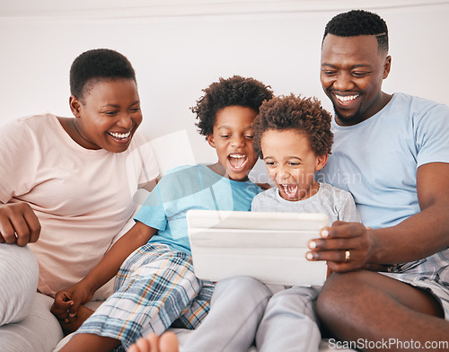 Image of Black family, tablet and excited kid game of a mother, dad and children in a home at morning. Digital app, online and child gaming app with a mama, boys and father together with laughing in house
