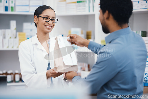 Image of Pharmacy product, smile and woman with customer with pills prescription, medical supplements and medicine. Healthcare, dispensary and pharmacist with man for medicare package, drugs and medication