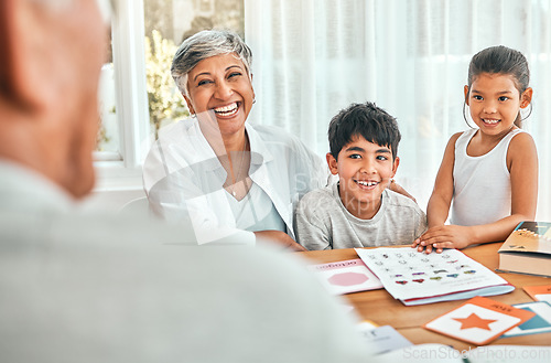 Image of Education, learning and grandmother bonding with grandchildren helping them with fun activities. Home school, smile and elderly woman spending time and sitting with kids outdoor of family home.