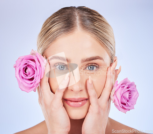 Image of Beauty, manicure and rose with portrait of woman for self care, natural cosmetics and glow. Spring, spa and facial treatment with girl model and flowers for blossom, organic and plants in studio