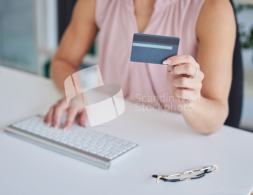 Image of Computer, woman online shopping or hands with a credit card for payment on ecommerce website in business office. Zoom of financial trader trading or typing with digital money on internet via fintech