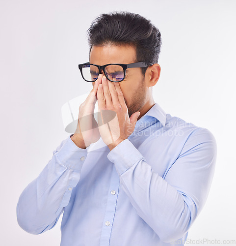 Image of Headache, stress and frustrated business man feeling sick, ill and pain isolated in a studio white background. Employee, sad and professional worker suffering with a migraine due to fatigue