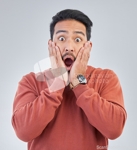Image of Surprise, shock face and portrait of man on white background with emoji, comic and facial expression. Wow mockup, omg and isolated male in studio with shocking information, news or announcement
