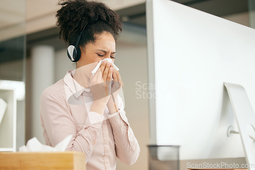 Image of Sick, tissue and woman at call center with virus infection, illness and allergy blowing nose at desk. Health, customer support consultant and female worker with flu, cold and sinus symptoms in office