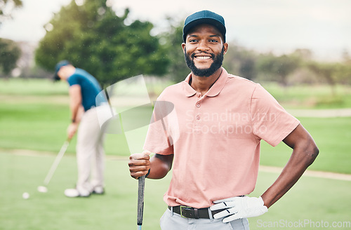 Image of Golf, sports and portrait of black man with smile on course for game, practice and training for competition. Professional golfer, relax and happy male athlete for exercise, activity and recreation