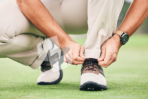Image of Shoes, start and man tying laces for golf, preparing for sport and training for a competition. Ground, prepare and golfer ready for a game of sports, tightening a lace and on the course for a hobby