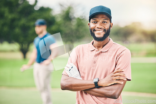 Image of Black man, portrait smile and golf player in sports with arms crossed for professional sport or hobby in nature. Happy African American sporty male on golfing field smiling for play, game or match