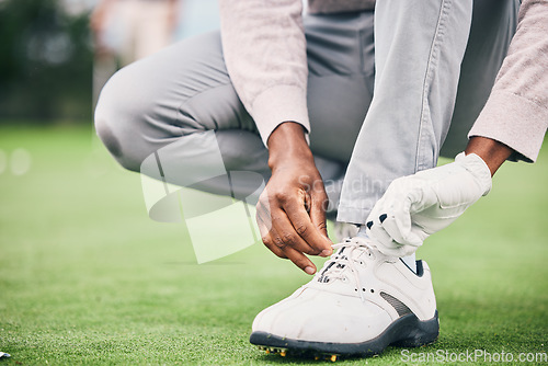 Image of Closeup, golf and man tie shoelace, fitness and success with game, playing and workout outdoor. Male athlete, guy and player, tying laces and training for match, competition and sports for wellness