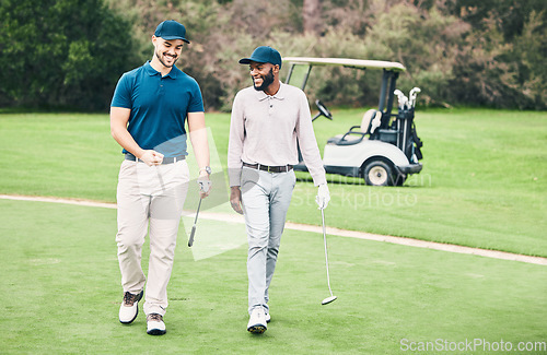 Image of Friends, sports and men on golf course walking, talking and smiling on green grass at game. Health, fitness and friendship, black man and happy golfer with smile, a walk in nature on weekend together